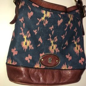 Aztec pattern canvas and leather purse